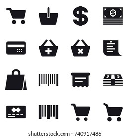 16 vector icon set : cart, basket, dollar, money, credit card, add to basket, delete cart, shopping list, shopping bag, barcode, atm receipt