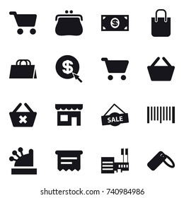 16 vector icon set : cart, purse, money, shopping bag, dollar arrow, basket, delete cart, shop, sale, barcode, cashbox, atm receipt, mall