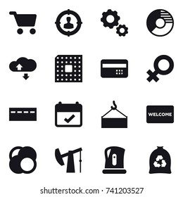 16 vector icon set : cart, target audience, gear, circle diagram, cloude service, cpu, credit card, bunker, welcome mat, kettle, garbage bag