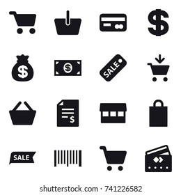 16 vector icon set : cart, basket, card, dollar, money bag, money, sale, add to cart, account balance, market, shopping bag, barcode, credit card
