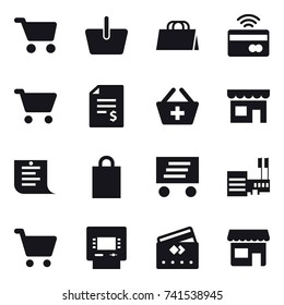 16 vector icon set : cart, basket, shopping bag, tap to pay, account balance, add to basket, shop, shopping list, delivery, mall, atm, credit card