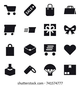 16 vector icon set : cart, sale, shopping bag, delivery, gift, bow, box, package