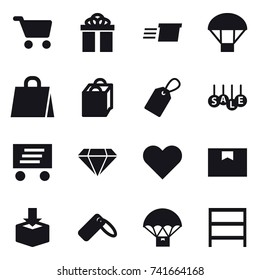 16 vector icon set : cart, gift, delivery, parachute, shopping bag, label, sale, diamond, rack