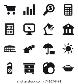 16 vector icon set : cart, graph, dollar magnifier, calculator, abacus, monitor arrow, table lamp, library, airport building, houses, sun, do not distrub, nightstand, foam basin