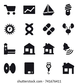 16 vector icon set : cart, statistic, boat, bulb, sun power, church, home, bell, kitchen scales, handle scales, house