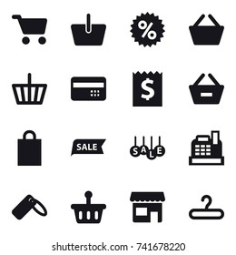 16 vector icon set : cart, basket, percent, credit card, receipt, remove from basket, shopping bag, sale, cashbox, shop, hanger