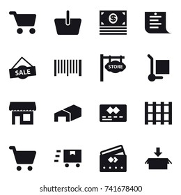 16 vector icon set : cart, basket, money, shopping list, sale, barcode, store signboard, cargo stoller, shop, warehouse, credit card, package