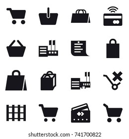 16 vector icon set : cart, basket, shopping bag, tap to pay, store, shopping list, mall, credit card