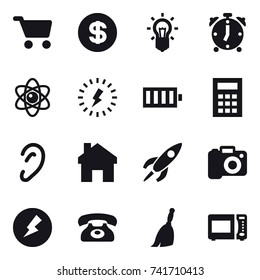 16 vector icon set : cart, dollar, bulb, alarm clock, atom, lightning, battery, calculator, home, camera, electricity, phone, broom