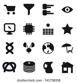 16 vector icon set : cart, funnel, diagram, eye, monitor arrow, chip, sun power, star, earth, lounger, jug, house