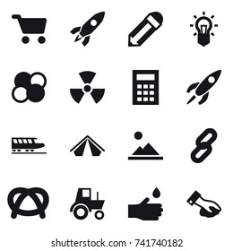 16 vector icon set : cart, rocket, pencil, bulb, atom core, nuclear, calculator, train, tent, landscape, tractor, hand drop, wiping