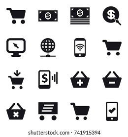 16 vector icon set : cart, money, dollar arrow, monitor arrow, globe connect, phone wireless, add to cart, mobile pay, add to basket, remove from basket, delete cart, delivery, mobile checking