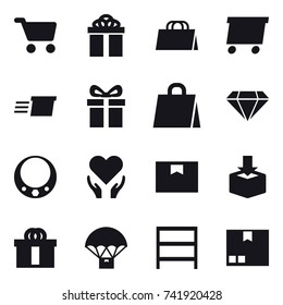 16 vector icon set : cart, gift, shopping bag, delivery, diamond, necklace, rack, package