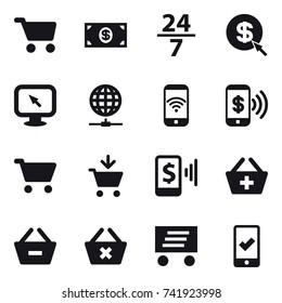 16 vector icon set : cart, money, 24/7, dollar arrow, monitor arrow, globe connect, phone wireless, phone pay, add to cart, mobile pay, add to basket, remove from basket, delete cart, delivery