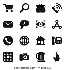 16 vector icon set : cart, magnifier, purse, call, mail, brain, eye identity, spinner, phone, home, intercome, kettle, fire