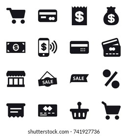 16 vector icon set : cart, card, receipt, money bag, money, phone pay, credit card, market, sale, percent, atm receipt
