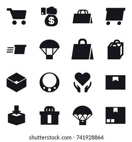 16 vector icon set : cart, money gift, shopping bag, delivery, parachute, box, necklace, package