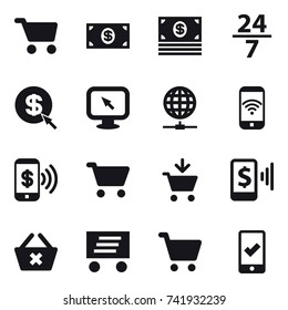 16 vector icon set : cart, money, 24/7, dollar arrow, monitor arrow, globe connect, phone wireless, phone pay, add to cart, mobile pay, delete cart, delivery, mobile checking