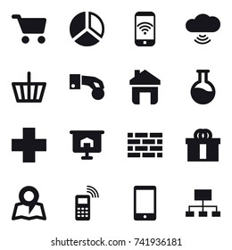 16 vector icon set : cart, diagram, phone wireless, cloud wireless, basket, hand coin, home, presentation, brick wall, map, hierarchy