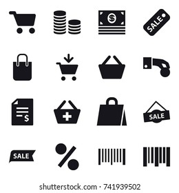 16 vector icon set : cart, coin stack, money, sale, shopping bag, add to cart, basket, hand coin, account balance, add to basket, percent, barcode
