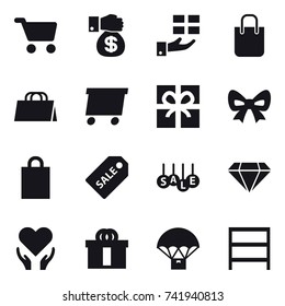 16 vector icon set : cart, money gift, gift, shopping bag, delivery, bow, sale label, sale, diamond, rack