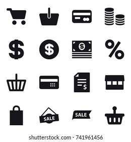 16 vector icon set : cart, basket, card, coin stack, dollar, money, percent, credit card, account balance, market, shopping bag, sale