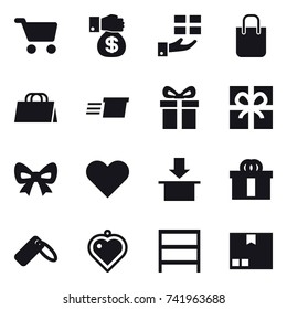 16 vector icon set : cart, money gift, gift, shopping bag, delivery, bow, heart pendant, rack, package