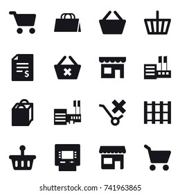 16 vector icon set : cart, shopping bag, basket, account balance, delete cart, shop, store, mall, atm