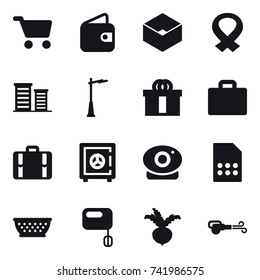 16 vector icon set : cart, wallet, box, district, outdoor light, suitcase iocn, suitcase, safe, kolander, beet, blower