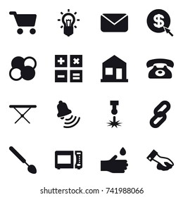 16 vector icon set : cart, bulb, mail, dollar arrow, atom core, calculator, home, phone, iron board, bell, big spoon, hand drop, wiping