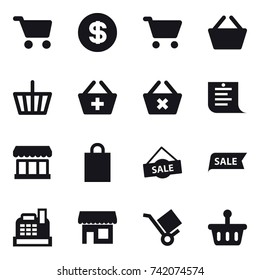 16 vector icon set : cart, dollar, basket, add to basket, delete cart, shopping list, market, shopping bag, sale, cashbox, shop