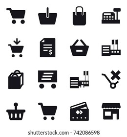 16 vector icon set : cart, basket, shopping bag, cashbox, add to cart, account balance, remove from basket, store, delivery, mall, credit card, shop