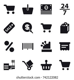 16 vector icon set : cart, basket, money, 24/7, sale, dollar arrow, shopping bag, percent, barcode, cashbox, atm receipt, mall