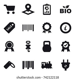 16 vector icon set : cart, pointer, report, bio, sale label, barcode, medal, info, train
