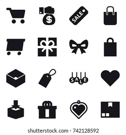 16 vector icon set : cart, money gift, sale, shopping bag, delivery, gift, bow, box, label, heart pendant, package