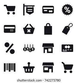 16 vector icon set : cart, shop signboard, card, percent, credit card, delete cart, shopping bag, label, sale, shop