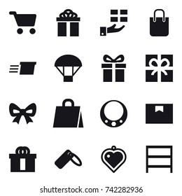 16 vector icon set : cart, gift, shopping bag, delivery, parachute, bow, necklace, heart pendant, rack