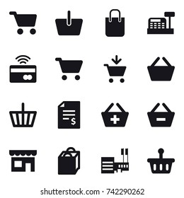 16 vector icon set : cart, basket, shopping bag, cashbox, tap to pay, add to cart, account balance, add to basket, remove from basket, shop, mall