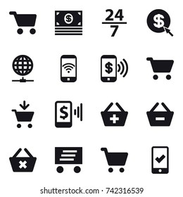 16 vector icon set : cart, money, 24/7, dollar arrow, globe connect, phone wireless, phone pay, add to cart, mobile pay, add to basket, remove from basket, delete cart, delivery, mobile checking