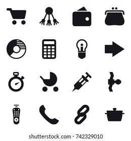 16 vector icon set : cart, share, wallet, purse, circle diagram, calculator, bulb, right arrow, stopwatch, baby stroller, pan