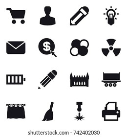 16 vector icon set : cart, man, pencil, bulb, mail, dollar arrow, atom core, nuclear, battery, gothic architecture, curtain, broom