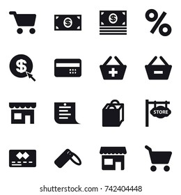 16 vector icon set : cart, money, percent, dollar arrow, credit card, add to basket, remove from basket, shop, shopping list, shopping bag, store signboard