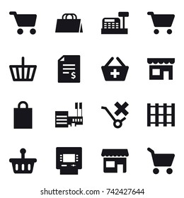 16 vector icon set : cart, shopping bag, cashbox, basket, account balance, add to basket, shop, mall, atm