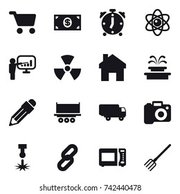 16 vector icon set : cart, money, alarm clock, atom, presentation, nuclear, home, fountain, pencil, camera, fork