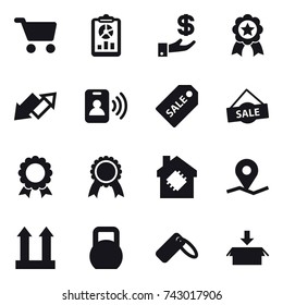 16 vector icon set : cart, report, investment, medal, up down arrow, pass card, sale label, sale, smart house, package
