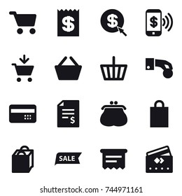 16 vector icon set : cart, receipt, dollar arrow, phone pay, add to cart, basket, hand coin, credit card, account balance, purse, shopping bag, sale, atm receipt