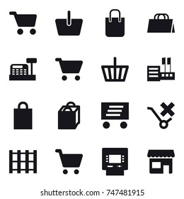 16 vector icon set : cart, basket, shopping bag, cashbox, store, delivery, atm, shop