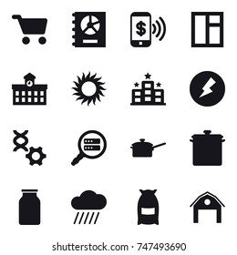 16 vector icon set : cart, annual report, phone pay, window, university, sun, hotel, electricity, saute pan, pan, rain cloud, flour, barn