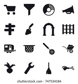 16 vector icon set : cart, funnel, circle diagram, loudspeaker, singlepost, construction, arch, trailer, colander, skimmer, wheelbarrow, beet, wrench, broom, blower