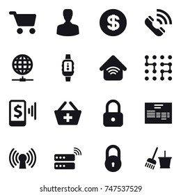 16 vector icon set : cart, man, dollar, call, globe connect, smartwatch, wireless home, chip, mobile pay, add to basket, lock, bucket and broom